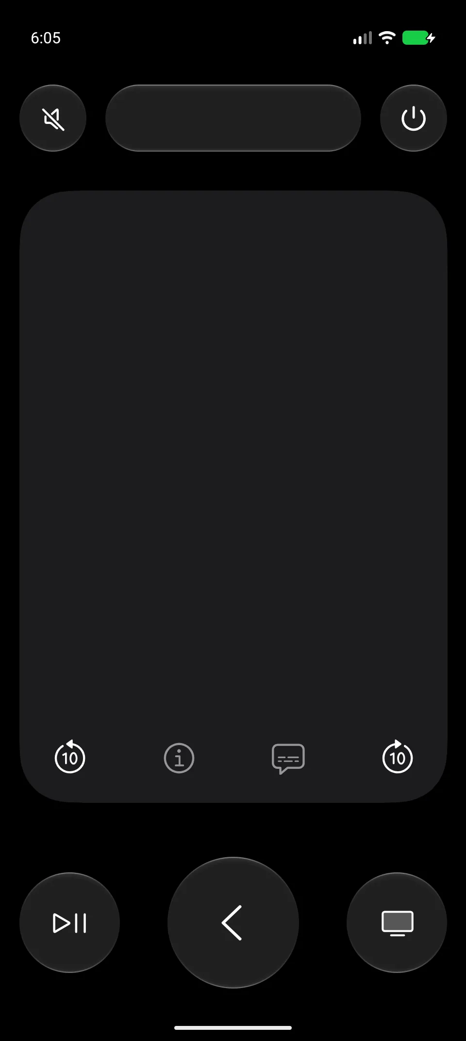 Telik on an Android phone: the TV name at the top, a large touchpad with buttons to skip 10 seconds, show info and turn on subtitles, and Play/Pause, Back and TV buttons at the bottom.